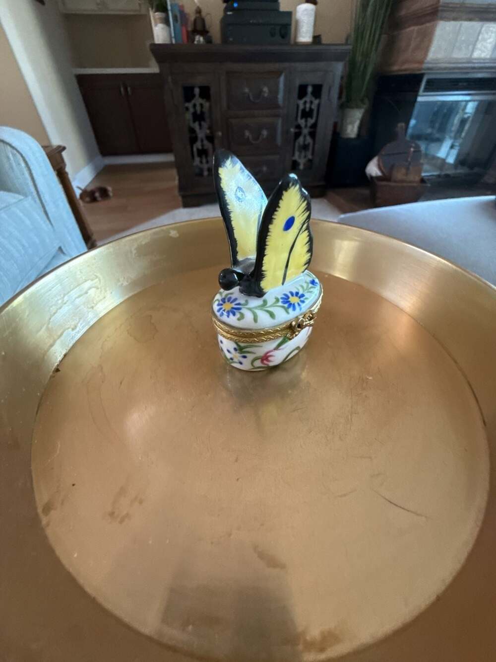 Porcelain Butterfly Trinket Box Gold Trim Floral